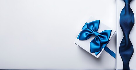  Gift father day. Blue bowtie or tie, white box with bow ribbon. Happy loving family and Fathers Day concept. 