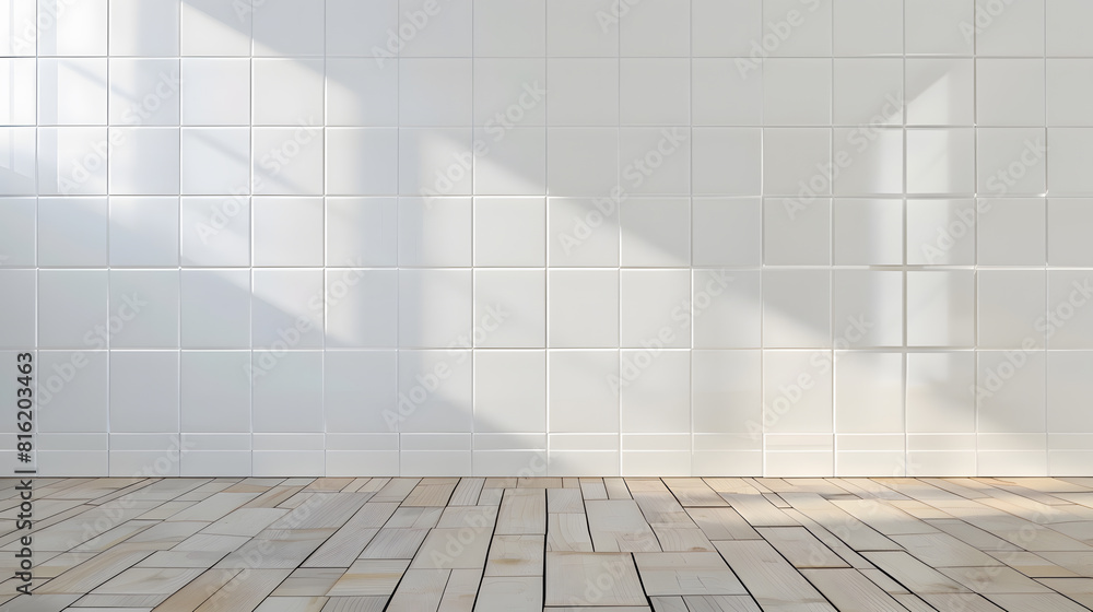 Aufkleber White abstract modern stage with tiny square ceramic tiles on wall and wood floor grey gradient as empty interior like bathroom kitchen mockup for presentation cosmetic products goods  : Generative AI