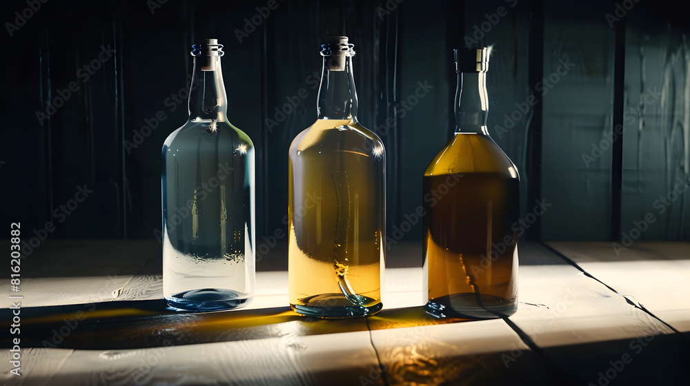 Poster three empty bottles on a table : Generative AI