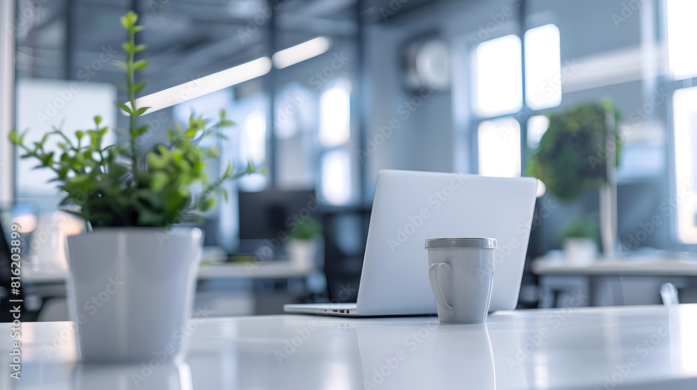 Aufkleber close up view of comfortable office desk with laptop mug tree pot office supplies and copy space on 