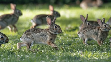 Rabbits hop across the lawn