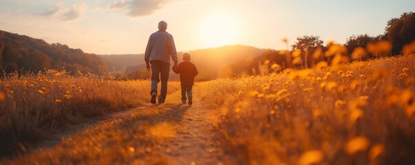 A grandfather and grandson walking at sunset