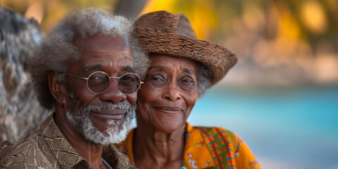 a couple of african american old people enjoying the afternoon in the beach,generative ai