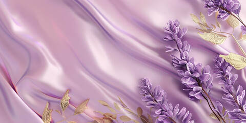 Abstract lavender and gold fabric background, decorated with lavender flowers