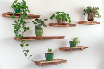 herbs in pots, Interior design details showcase brown wooden raw edge floating shelves suspended on a white wall