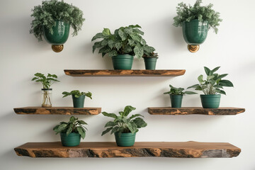 plants in a pot, Interior design details showcase brown wooden raw edge floating shelves suspended on a white wall