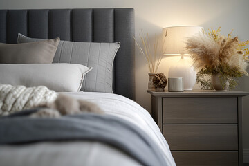 bedroom with bed and pillows, Modern house interior details are showcased in a simple, cozy bedroom setting