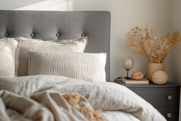 bedroom with a bed, Modern house interior details are showcased in a simple, cozy bedroom setting