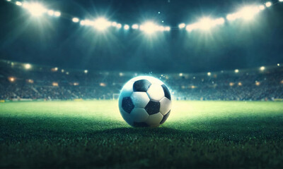 Fototapeta premium Close up of a soccer ball in the center of the stadium illuminated by the headlights