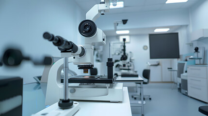 Optometry empty room and equipment for vision test for eye care in a optical clinic or store Optic healthcare ophthalmology and computers technology or machines in optometrist consulta : Generative AI