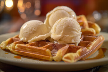 cream dessert, Restaurant dessert with waffles and ice cream. Indulge in a decadent treat with this exquisite restaurant dessert featuring warm, golden-brown waffles topped with generous scoops of cre