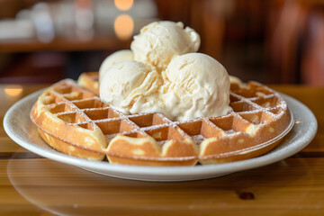 vanilla cream with chocolate,Restaurant dessert with waffles and ice cream. Indulge in a decadent treat with this exquisite restaurant dessert featuring warm, golden-brown waffles topped with generous