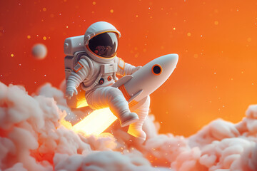 Illustration of astronaut in space suit riding miniature rocket on bright background.