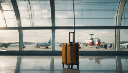 modern passenger suitcases on handle placed on floor against plane behind glass wall in airport
