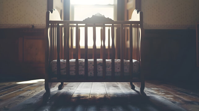 Vintage wooden decorated empty baby cot for baby : Generative AI