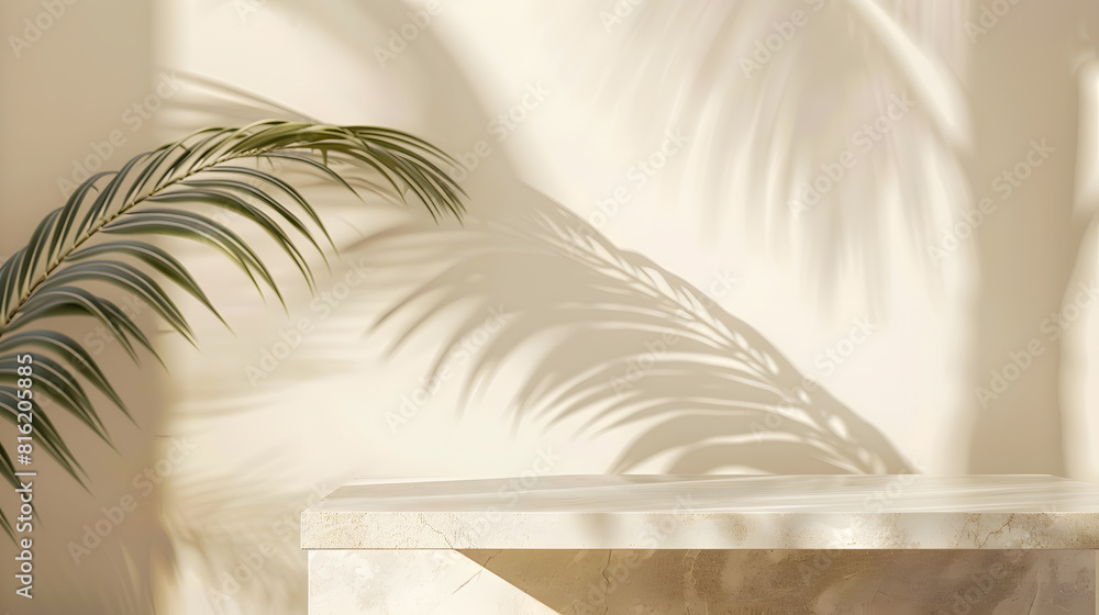 Aufkleber tropical palm tree shadow on cream wall and luxury marble table for product placement natural layout