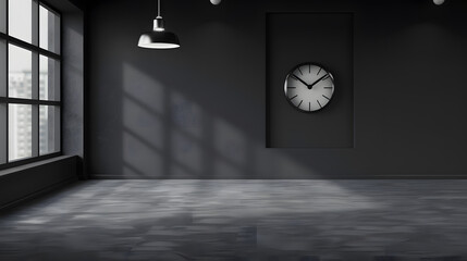 Grey empty room with black clock lamp and niche carpet style office style : Generative AI