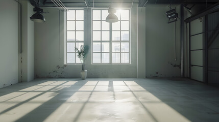 Empty room with big window in loft style Clean and bright space for office Real estate : Generative AI