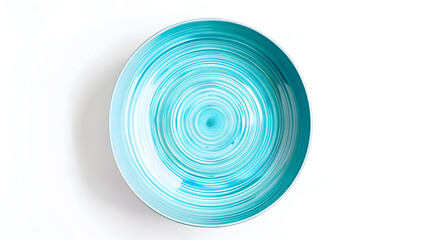 Empty trendy handmade ceramic dish tablewares Round empty plate Pastel blue turquoise aqua texture vintage classic pattern isolate on white background top view cut out : Generative AI
