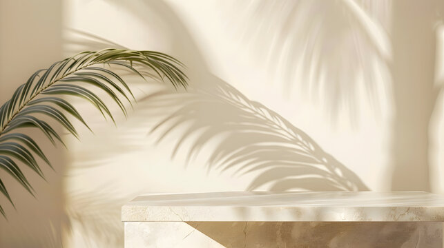 Tropical palm tree shadow on cream wall and luxury marble table for product placement Natural layout design background Abstract summer light cosmetic stand mockup : Generative AI