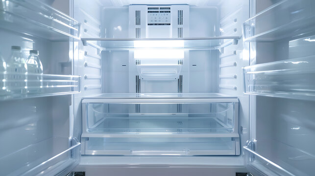 Open empty refrigerator Refrigerator open empty fridge inside interior Close up on empty refrigerator with door open New clean refrigerator : Generative AI