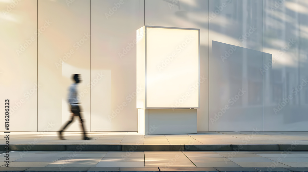 Poster man walking by evening empty shop window with podium inside for your product presentation on glowing