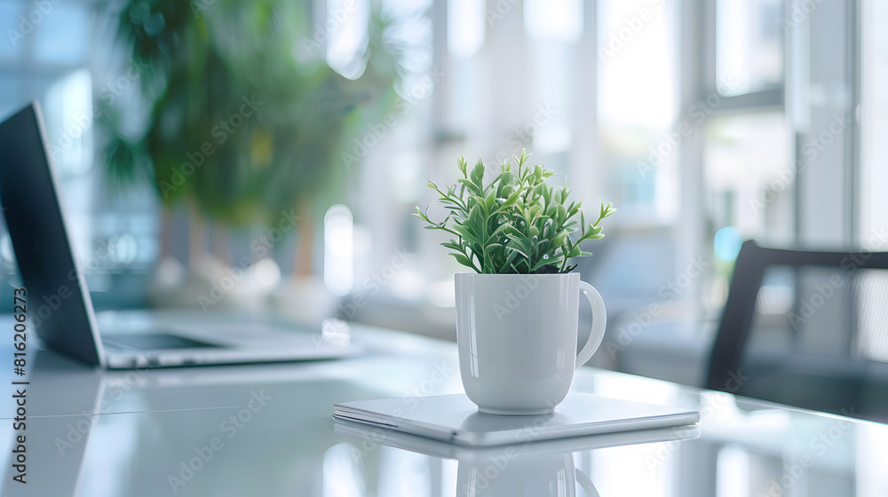 Aufkleber close up view of comfortable office desk with laptop mug tree pot office supplies and copy space on 