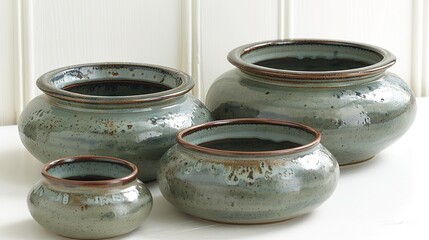   Three vases sit together on a white table adjacent to a wall