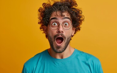 A man wearing glasses is displaying a surprised facial expression, with his eyes wide open and mouth slightly agape