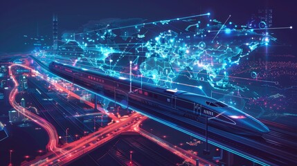 Fototapeta premium Global High-Speed Train Network Illustrated on a Stylized World Map