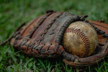 Detailed Close-Up of Worn Baseball Glove and Ball on Green Grass Field