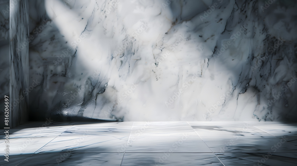 Poster empty dark abstract room of white marble flooring with for interior decoration used as studio backgr
