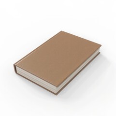 A brown book rests on a white background