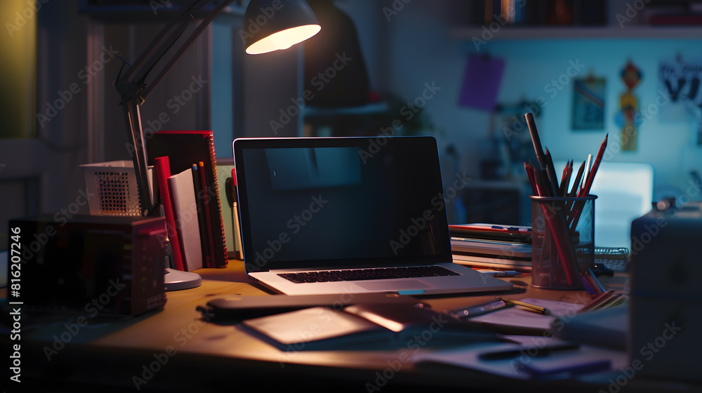 Poster laptop computer with screen and stationery on dark table : Generative AI