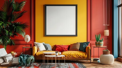 Bright living room interior with yellow sofa, red armchair and tropical plants