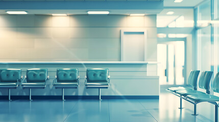 Fototapeta premium Empty hospital reception desk in waiting area lobby at medical health center used to help patients with appointments and healthcare insurance Clinical waiting area with counter : Generative AI
