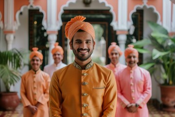 Portrait of a cheerful man in ethnic indian wear and turban, with people in the background