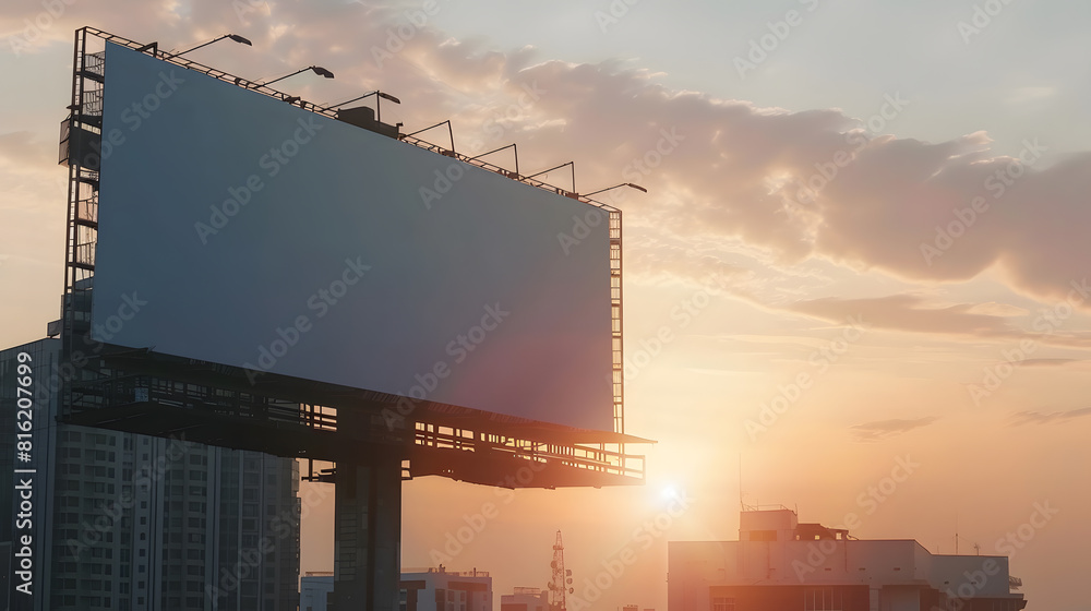 Aufkleber Mock up white background billboard on building clipping path for Mockup A large empty billboard on a city background in the middle of the sunset : Generative AI