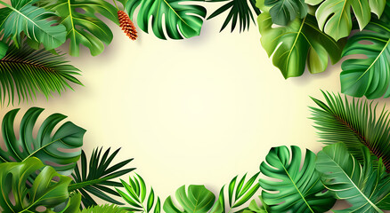 This image presents a vibrant, tropical aesthetics with a variety of lush green leaves framing a blank central space, perfect for text or product display