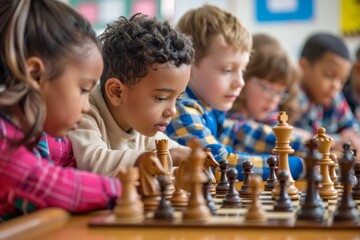 Diverse Group of Children Engaged in a Chess Game in a Classroom - Powered by Adobe