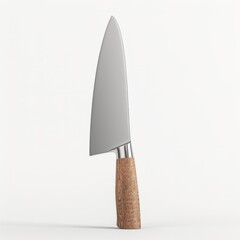 A sharp knife with a smooth wooden handle on a plain white background