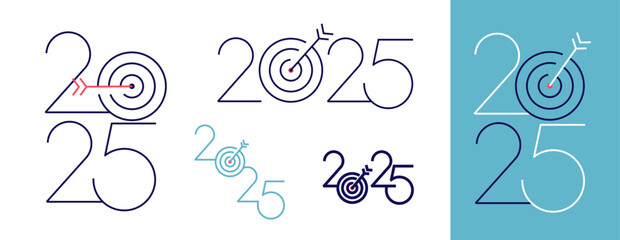 Happy New Year 2025 with business concept banner. Template for Planning for goal and success concepts. Big white 2025 year number with Target icon inside. Vector thin and graceful colored numbers.