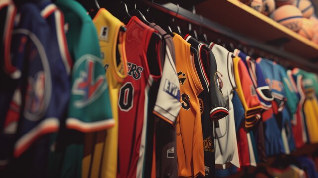 Nostalgic Display of Various Basketball Team Jerseys in Locker Room