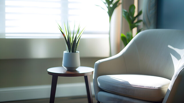Empty chair and sofa iin front of small table in office of psychologist : Generative AI