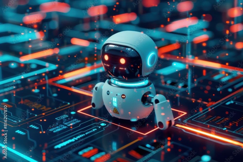 Poster 3drendered image features a sleek, modern robot on an illuminated circuit board