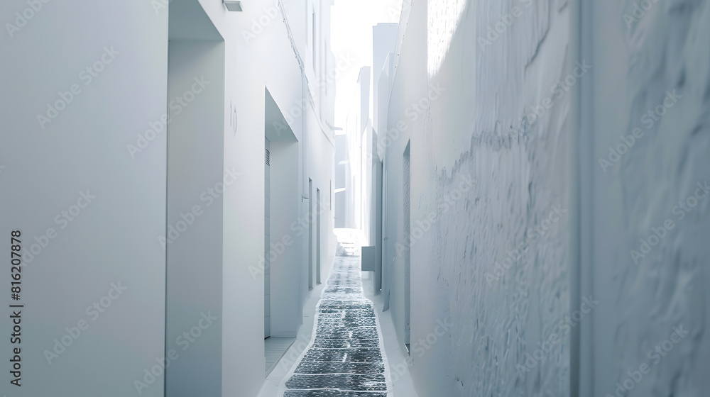 Poster a vertical shot of a narrow pathway in the middle of white buildings : generative ai