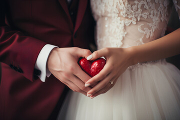 The bride and groom forming a heart symbol, at the wedding