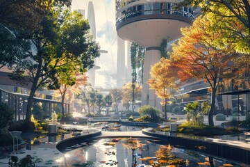 Futuristic Urban Plaza with Natural Elements and High Tech Integration