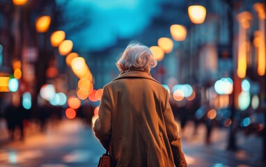 Naklejka premium An elderly woman is walking down a city street at night, surrounded by urban buildings and streetlights