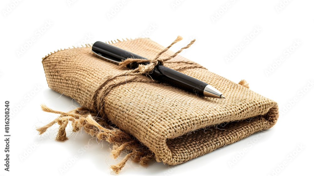 Poster burlap diary with pen isolated on white background : generative ai
